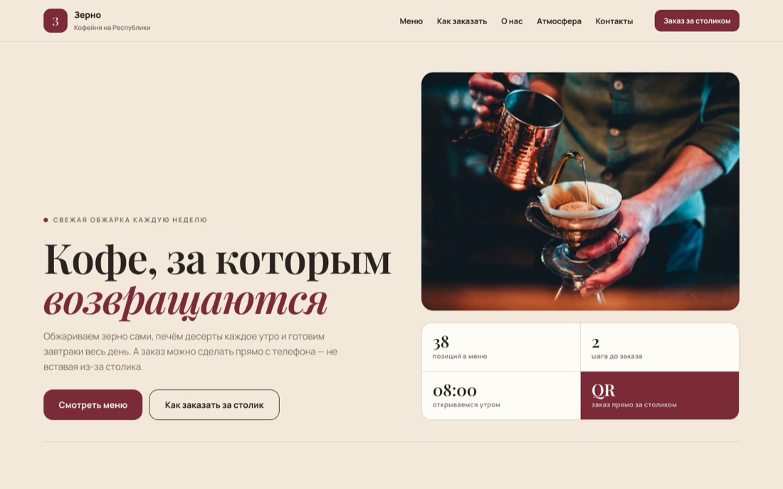Скриншот сайта кофейни «Зерно»